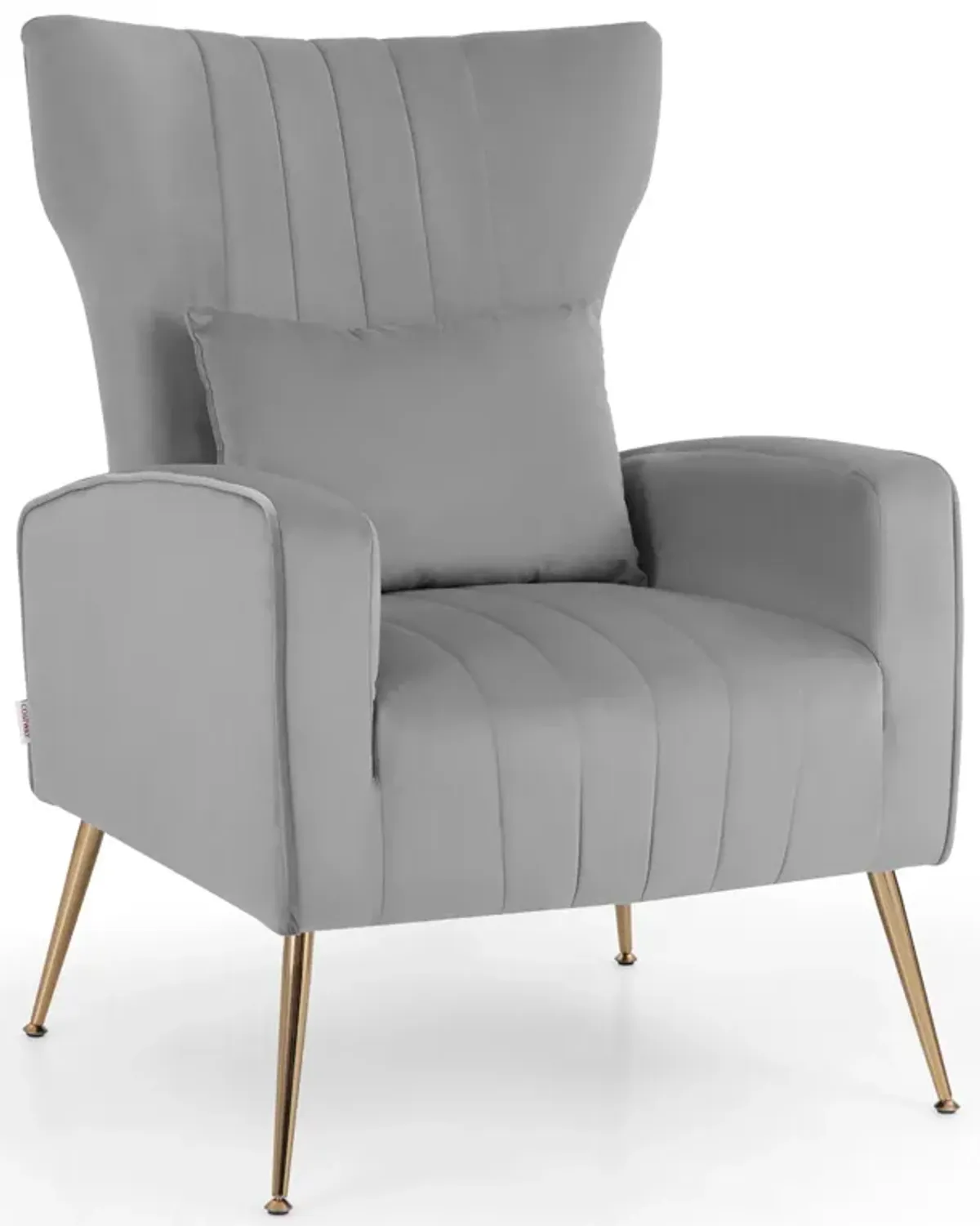 Velvet Upholstered Wingback Chair with Lumbar Pillow and Golden Metal Legs