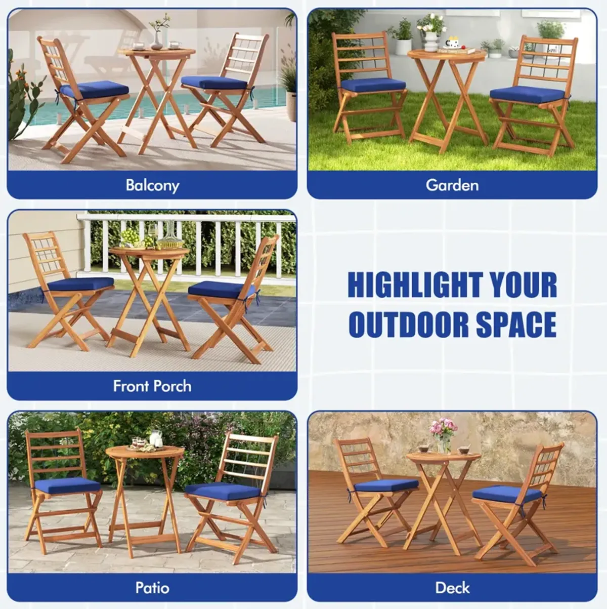 3 Pieces Acacia Wood Patio Bistro Set with Cushions