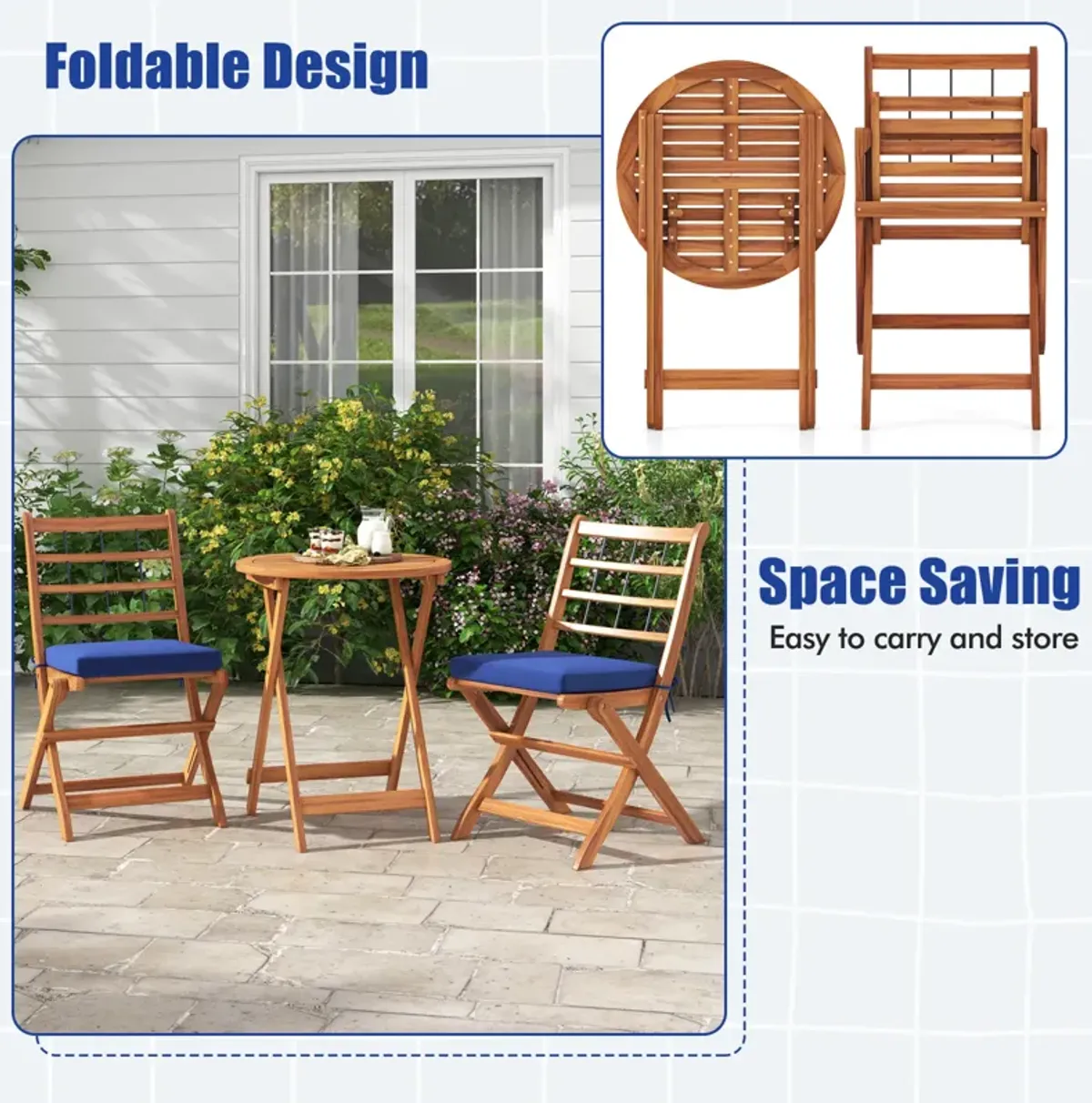 3 Pieces Acacia Wood Patio Bistro Set with Cushions