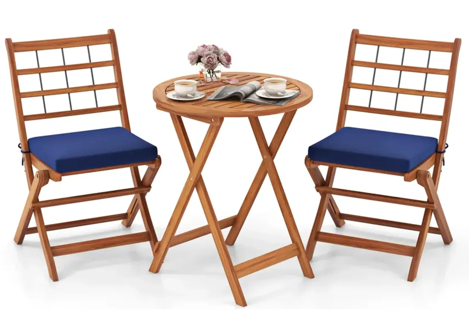 3 Pieces Acacia Wood Patio Bistro Set with Cushions