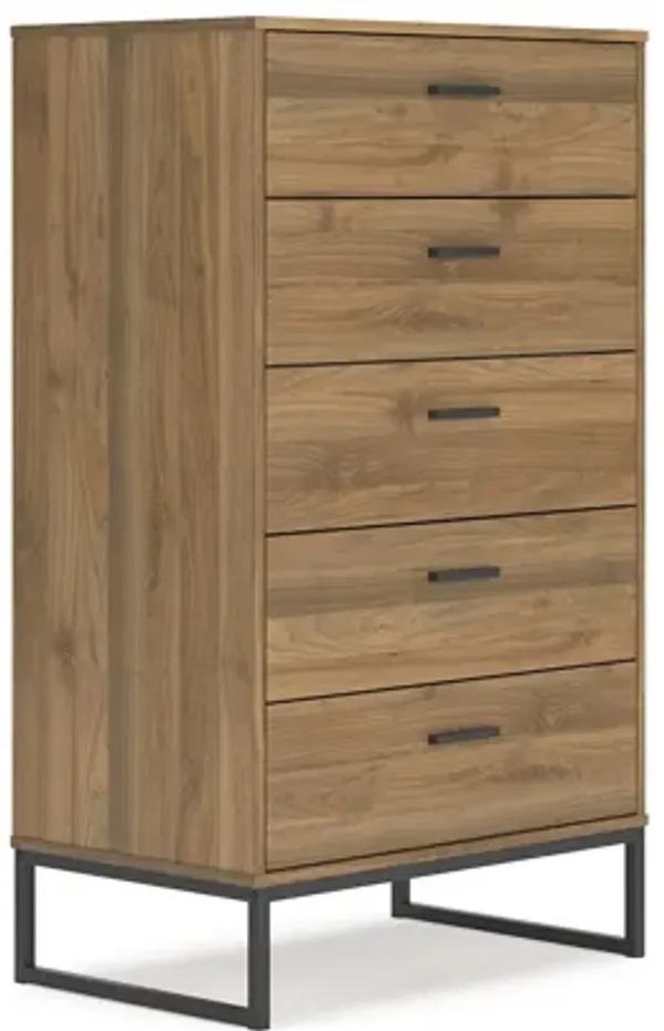 Deana Tall Dresser Chest, 5 Drawers, Brown Wood, Black Metal, 51 Inch - Benzara