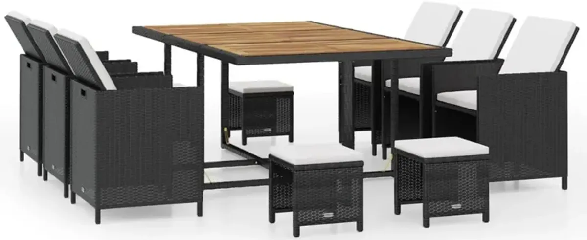 11pc Outdoor Dining Table Set, 10 Seater, Brown Acacia Wood n Rattan - Benzara