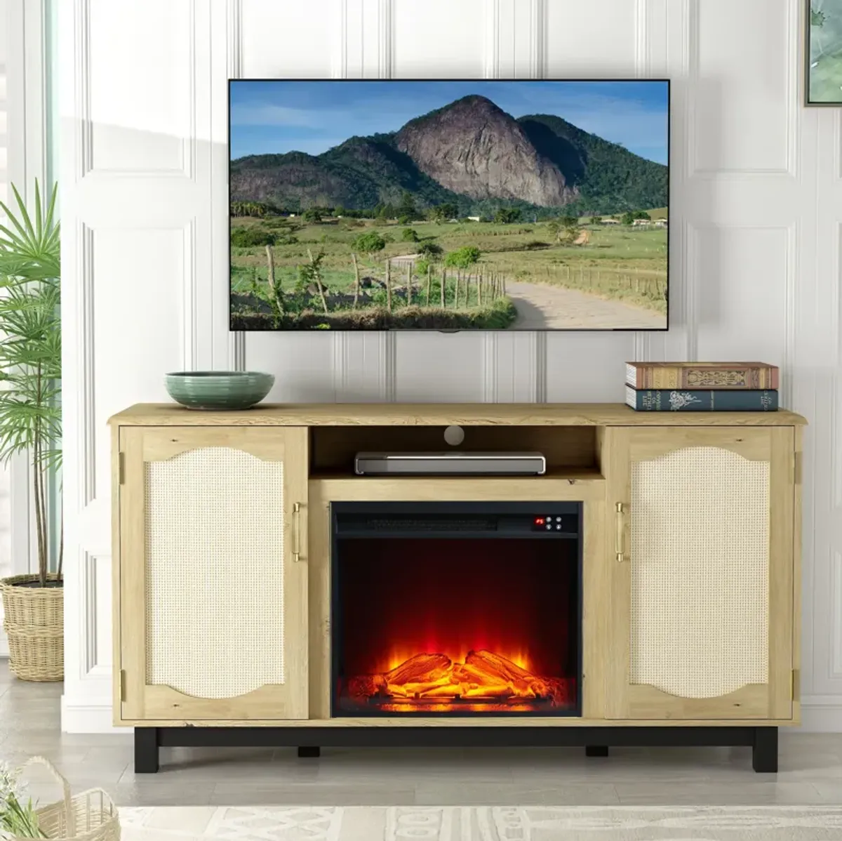 FESTIVO Rustic 63" Entertainment Center w/ Fireplace for TVs up to 65"