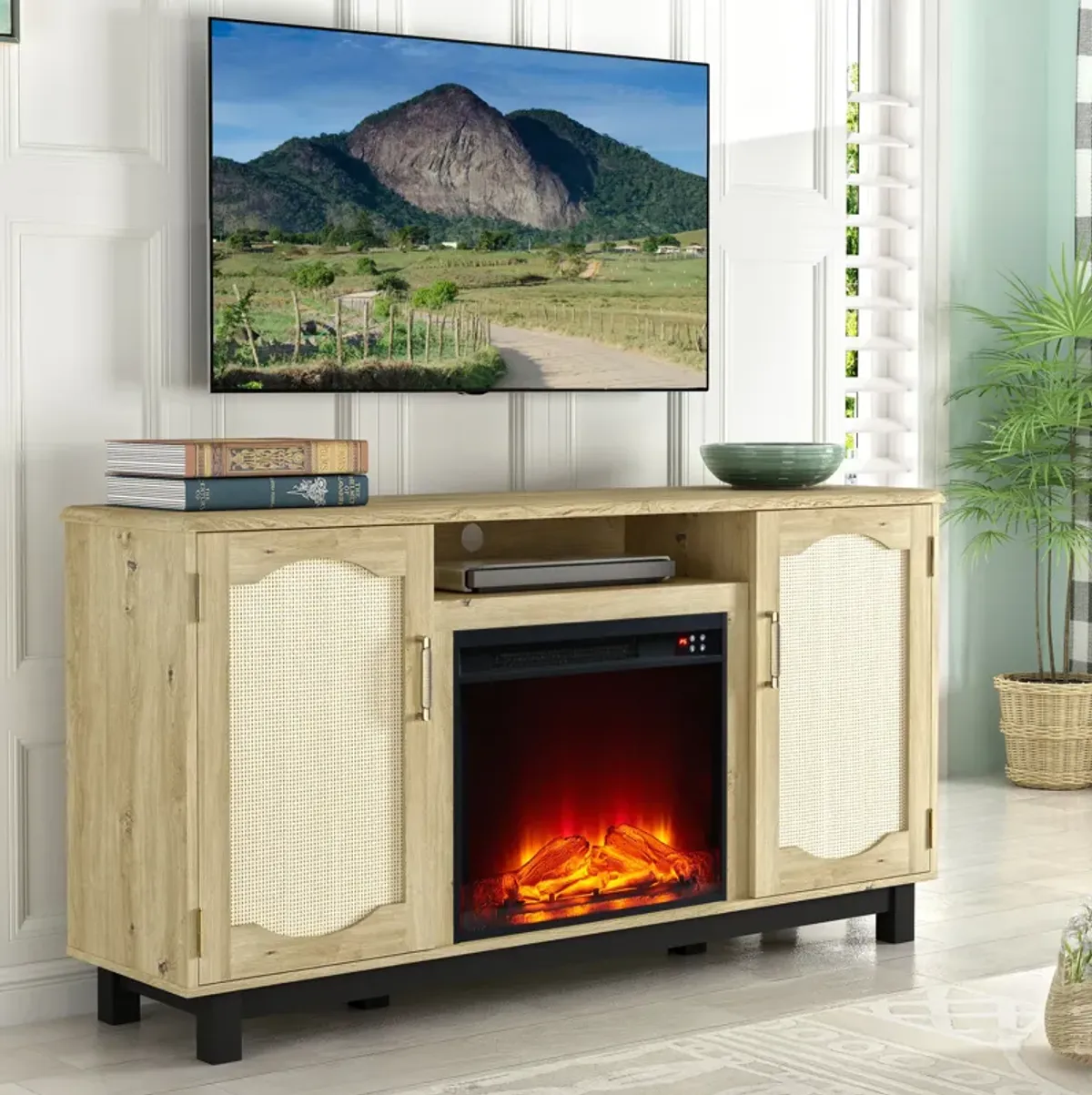 FESTIVO Rustic 63" Entertainment Center w/ Fireplace for TVs up to 65"