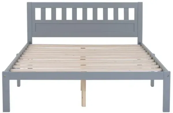 Full Size Bed, Wood Platform Bed Frame with Headboard For Kids, Slatted, Gray