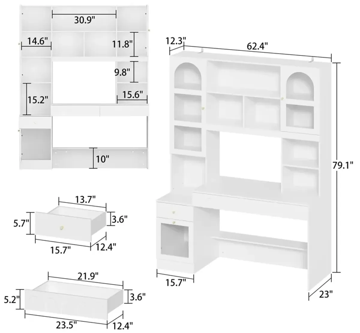 62.4 in. W 2 in. 1 Wood Computer Desk White Writing Desk 79.1 in. Tall Bookshelf, -Drawers, Door Cabinet Home Office