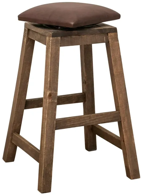 Heza 30 Inch Swivel Barstool, Cushioned Seat, Faux Leather, Brown Wood - Benzara