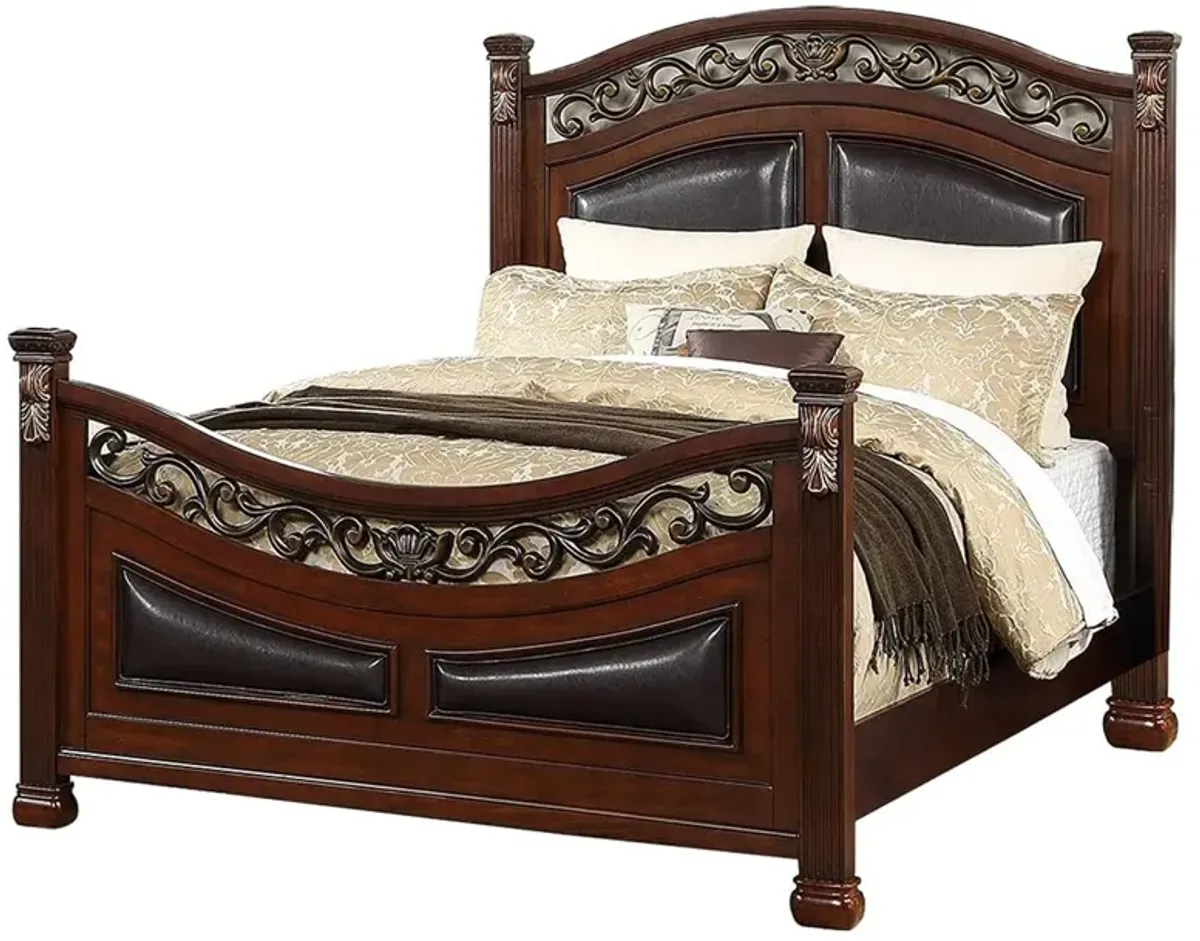 Meo King Size Bed, Padded Carved Dark Brown Faux Leather Upholstered - Benzara