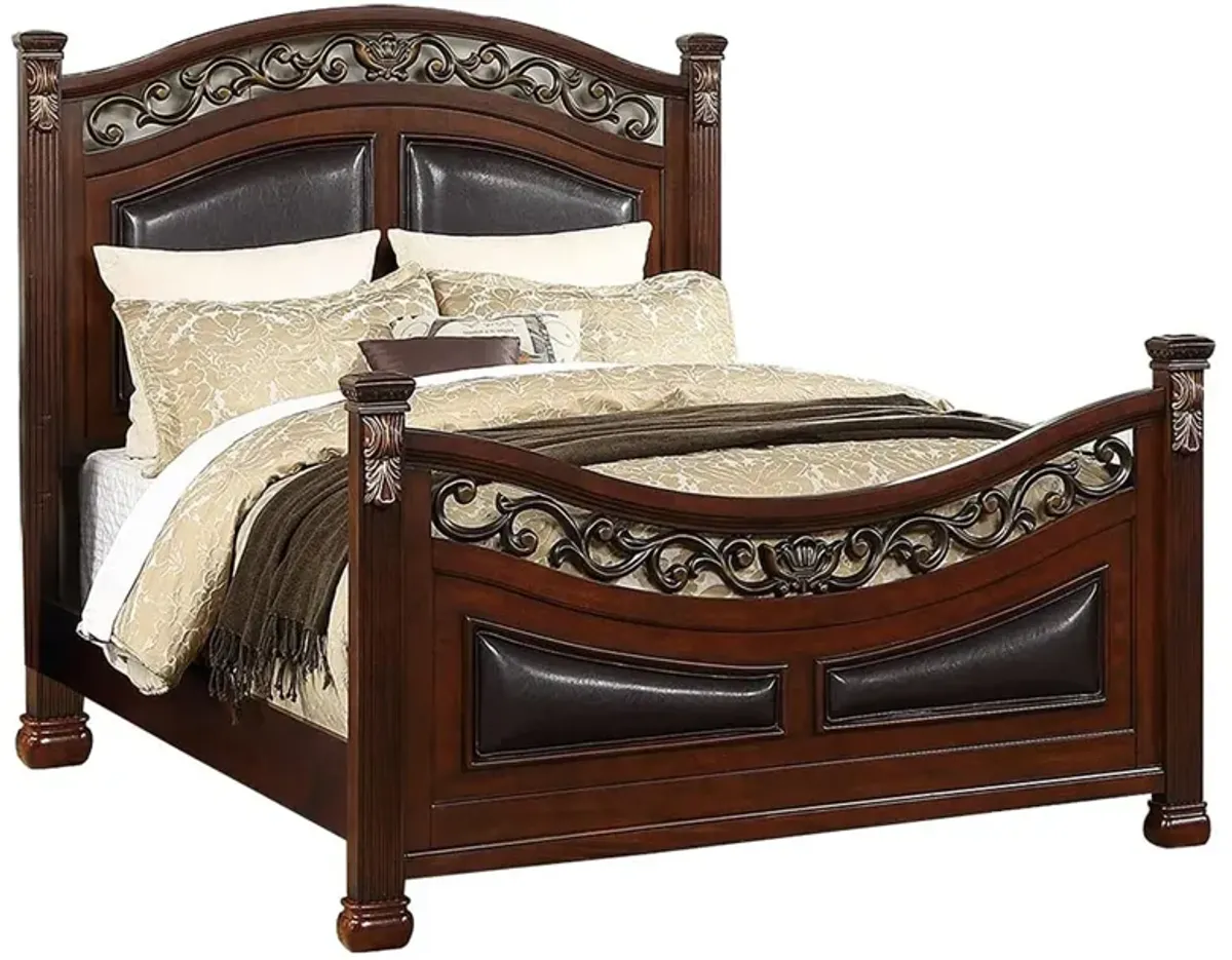 Meo King Size Bed, Padded Carved Dark Brown Faux Leather Upholstered - Benzara