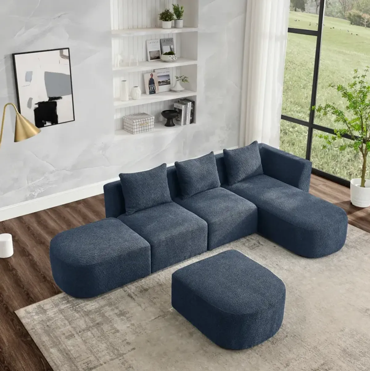 Navy L-Shaped Sectional with Ottoman