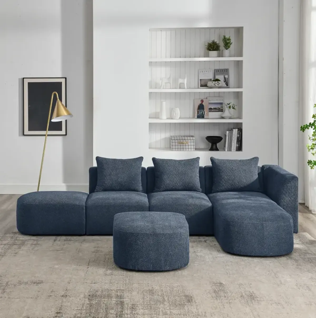 Navy L-Shaped Sectional with Ottoman