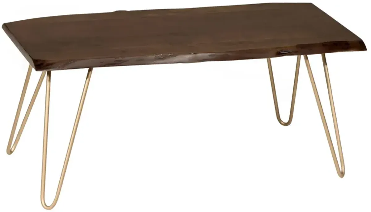 42 Gold And Rustic Brown Solid Wood Live Edge Rectangular Coffee Table