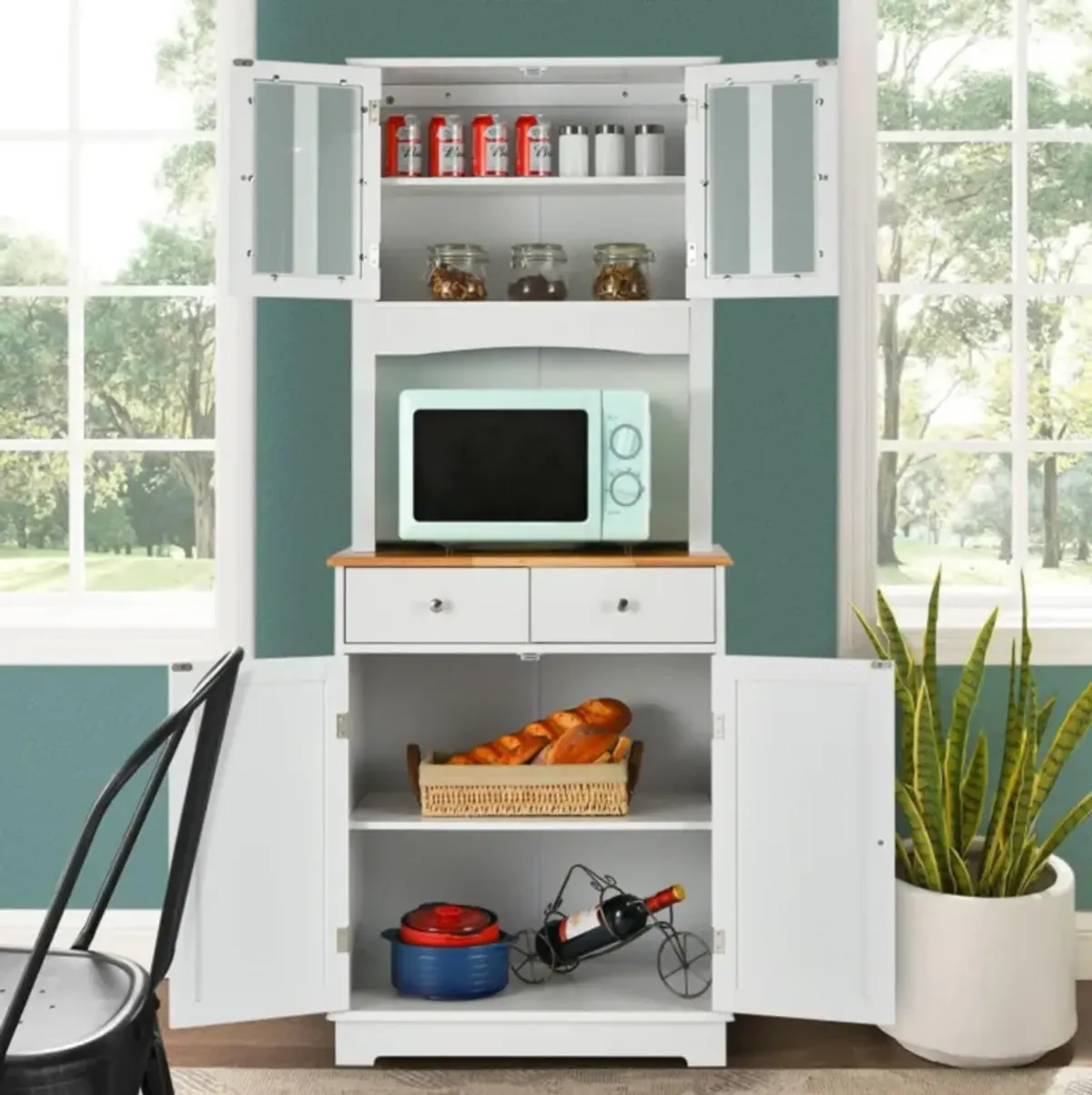 Hivvago Kitchen Pantry Cabinet with Wood Top and Hutch