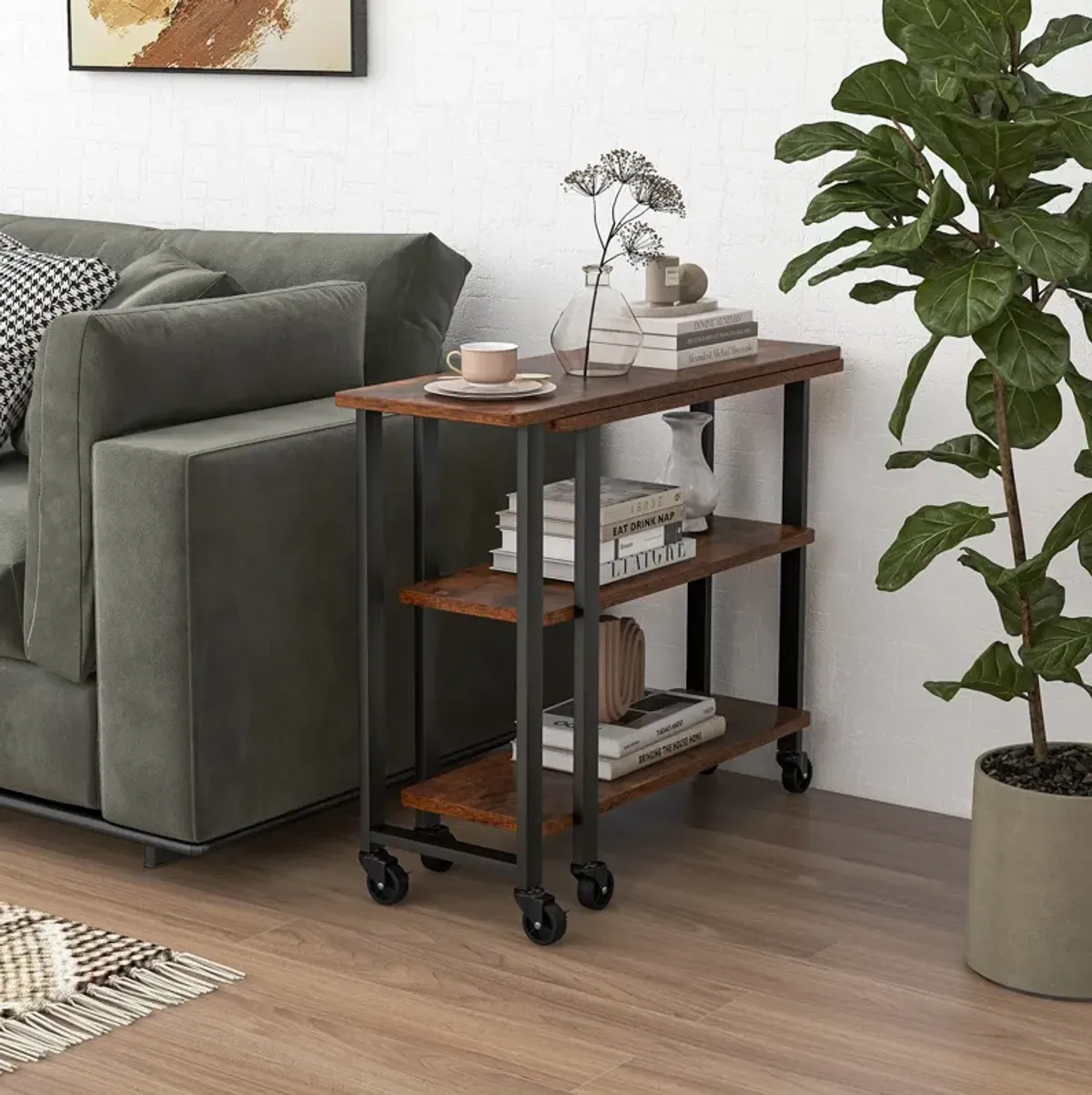 360� Rotating Sofa Side Table with Storage Shelves and Wheels