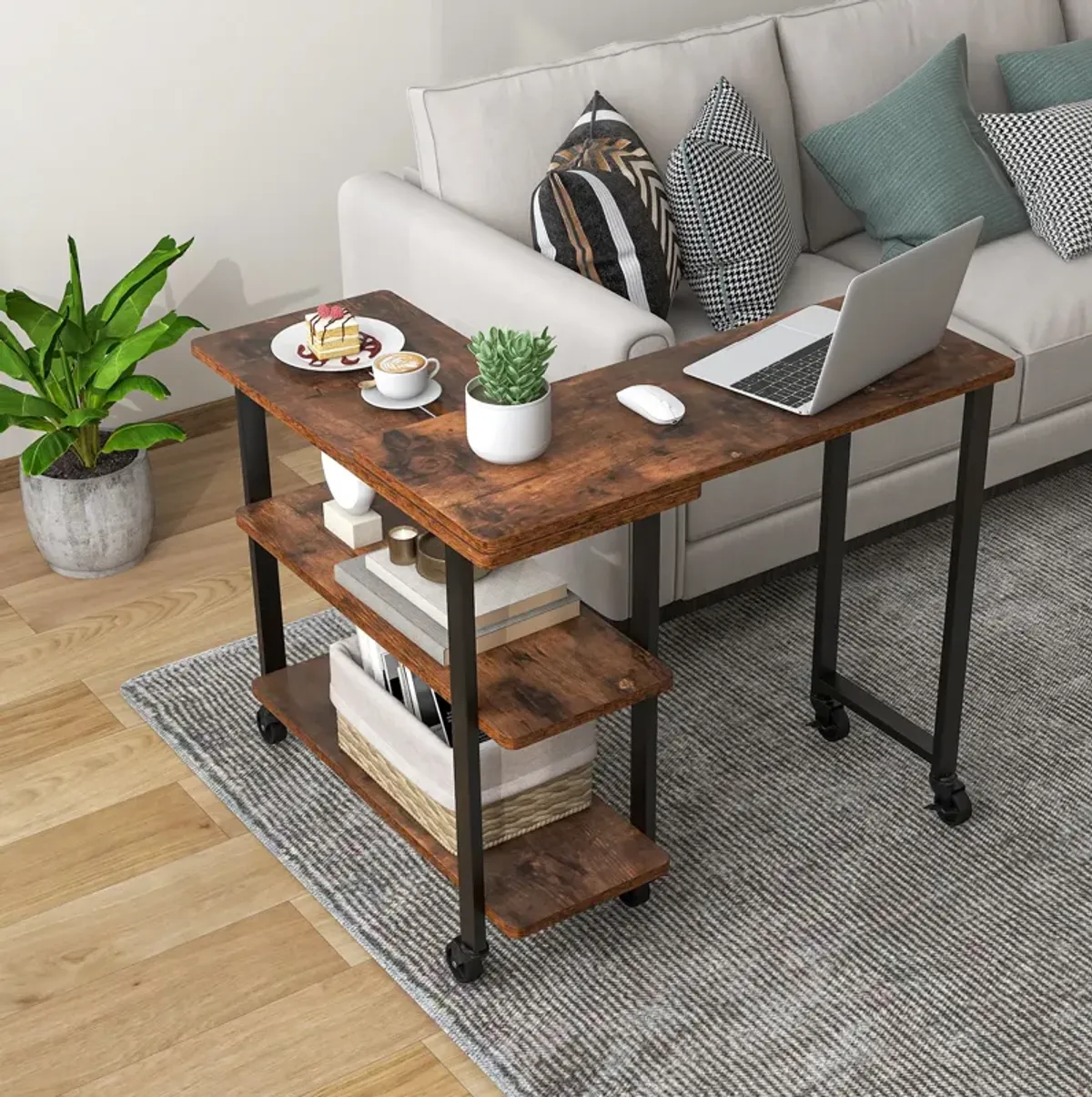 360� Rotating Sofa Side Table with Storage Shelves and Wheels