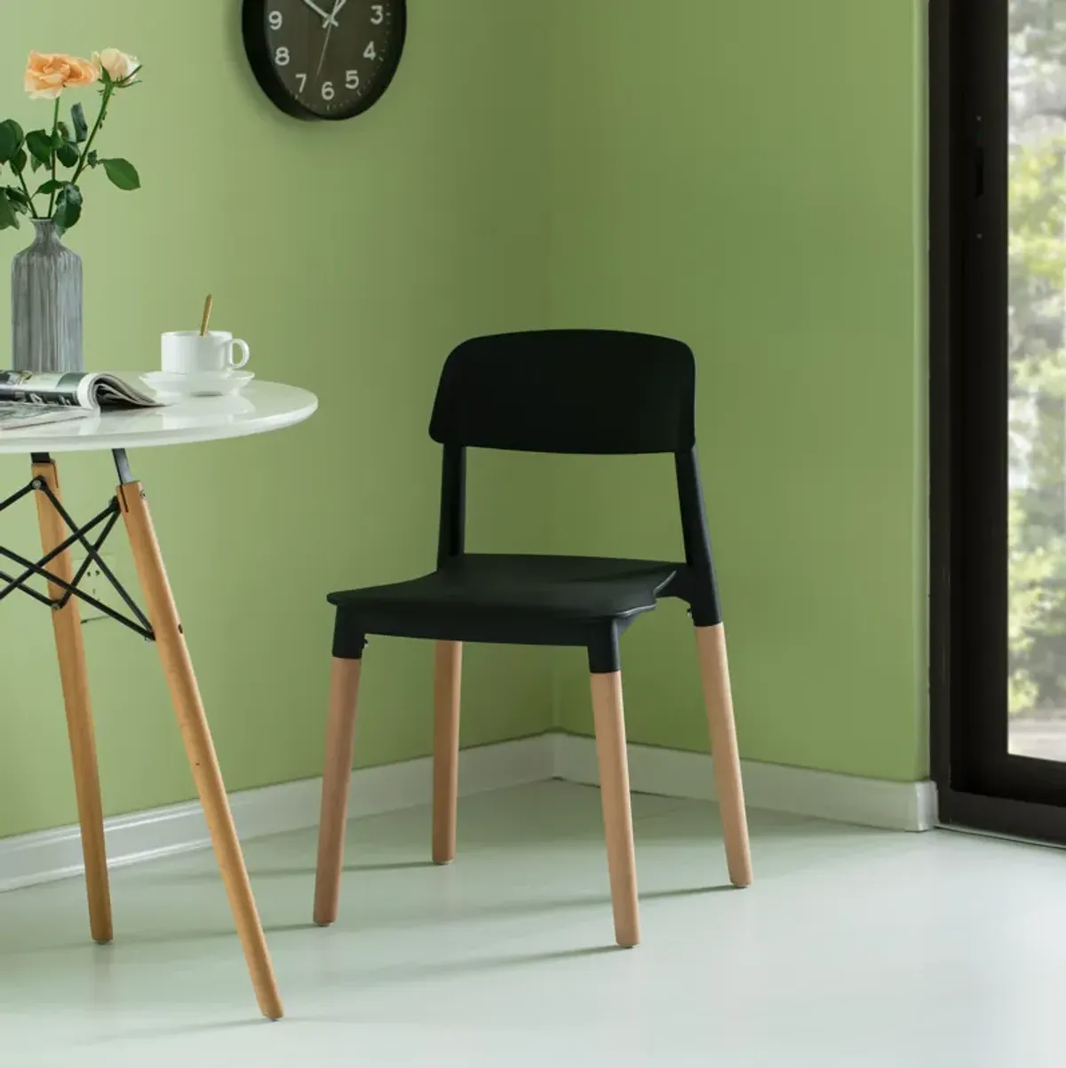 Modern Plastic Dining Chair Open Back with Beech Wood Legs, Yellow