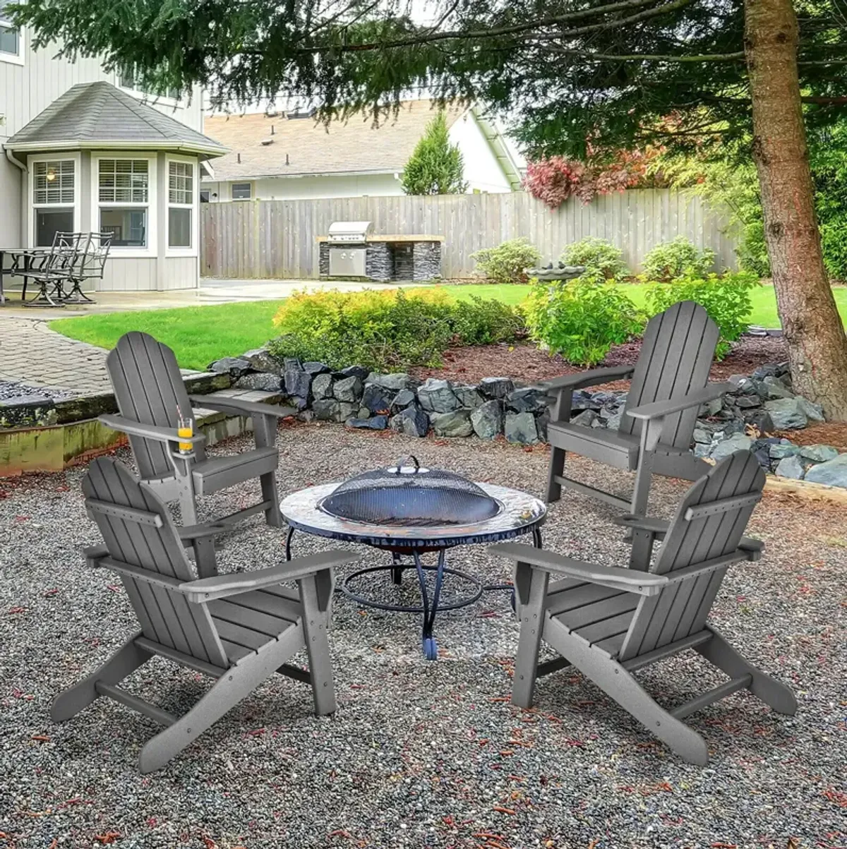 Outdoor Adirondack Chair with Built-in Cup Holder for Backyard Porch