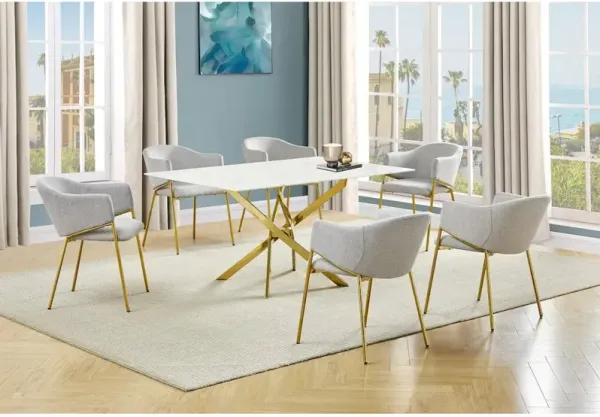 Best Quality Furniture Rectangle Marble Wrap Tempered Glass Dining Table With 6 Linen Gray Side Chairs