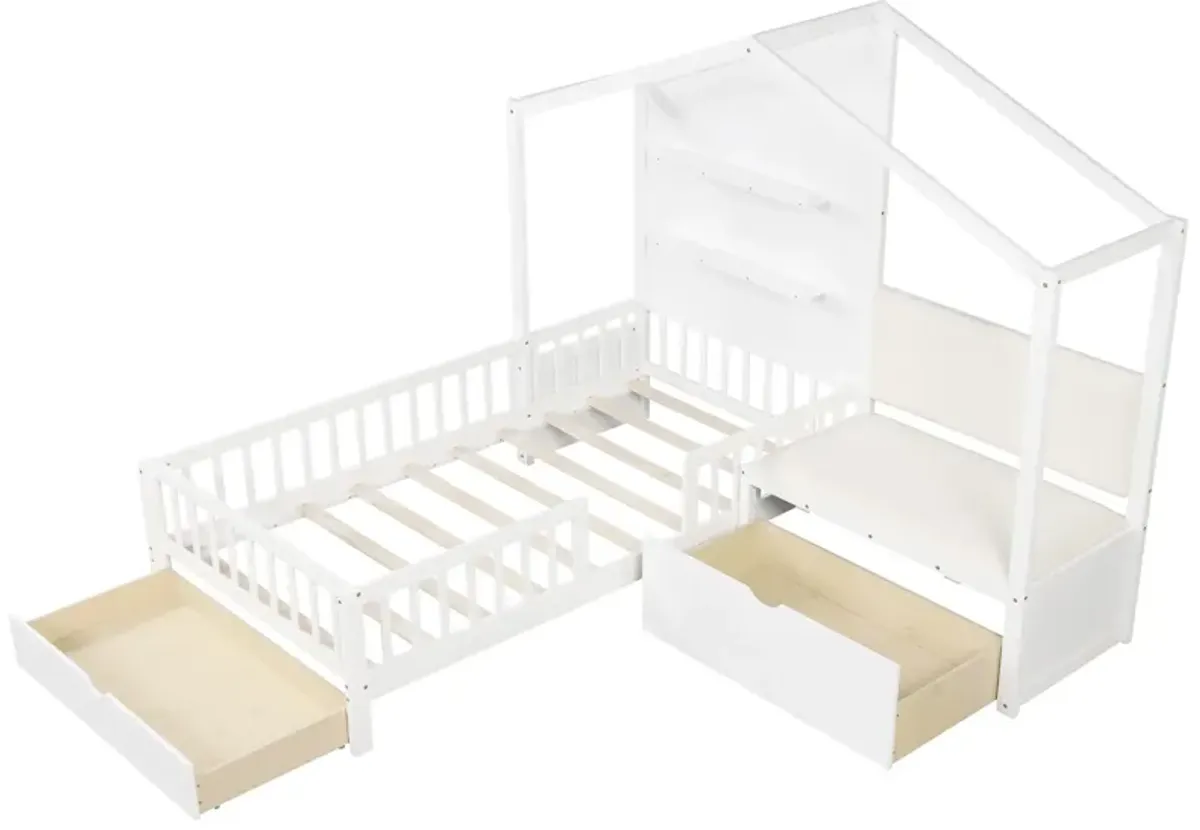 House Bed Kids Platform Bed with Padded Bench for Fun, Comfortable, and Practical Bedroom Design