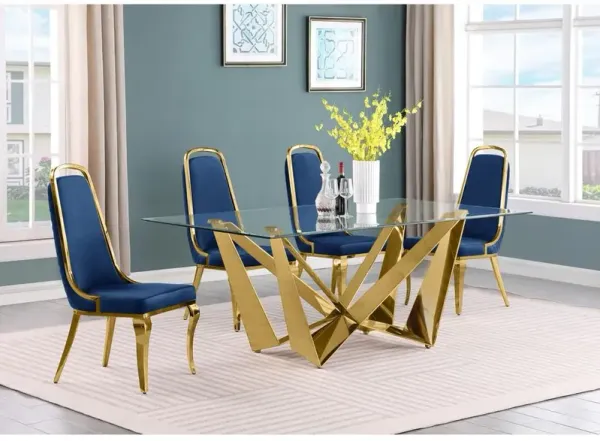 5pc Small(78") glass dining set with gold base and 6 Navy blue side chairs