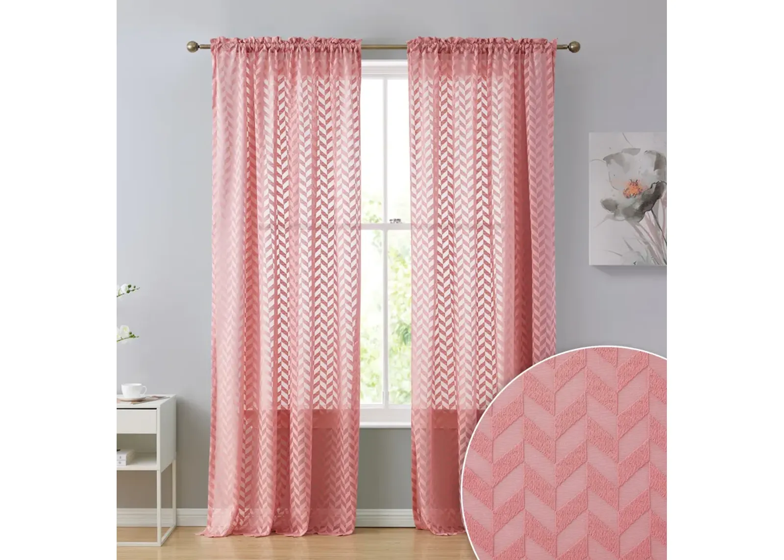 THD Herringbone Lace Thick Semi Sheer Premium Grommet Top Window Curtain Panels for Kids Room & Bedroom - Set of 2 Panels