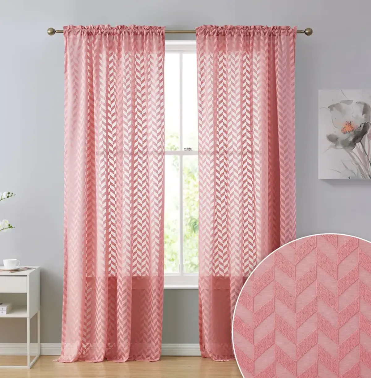 THD Herringbone Lace Thick Semi Sheer Premium Grommet Top Window Curtain Panels for Kids Room & Bedroom - Set of 2 Panels