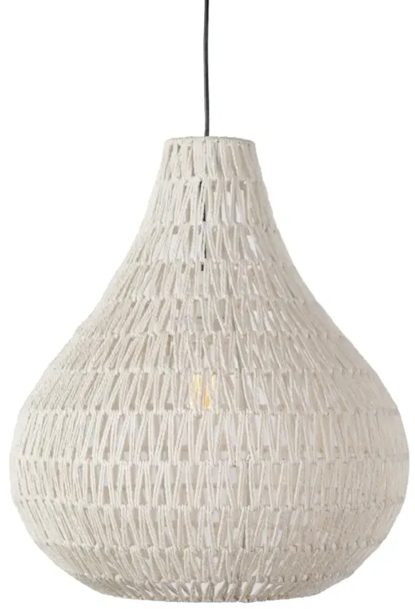 Boney 18 Inch Pendant Light, Woven Rope, Rounded Shape, Iron, White - Benzara