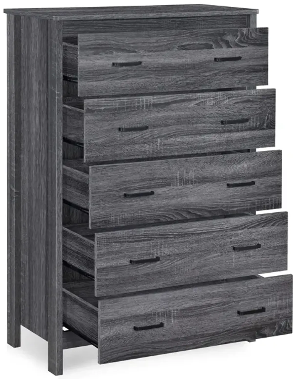 Sifa Tall Dresser Chest, 5 Drawers, Rustic Gray MDF, Black Handles - Benzara