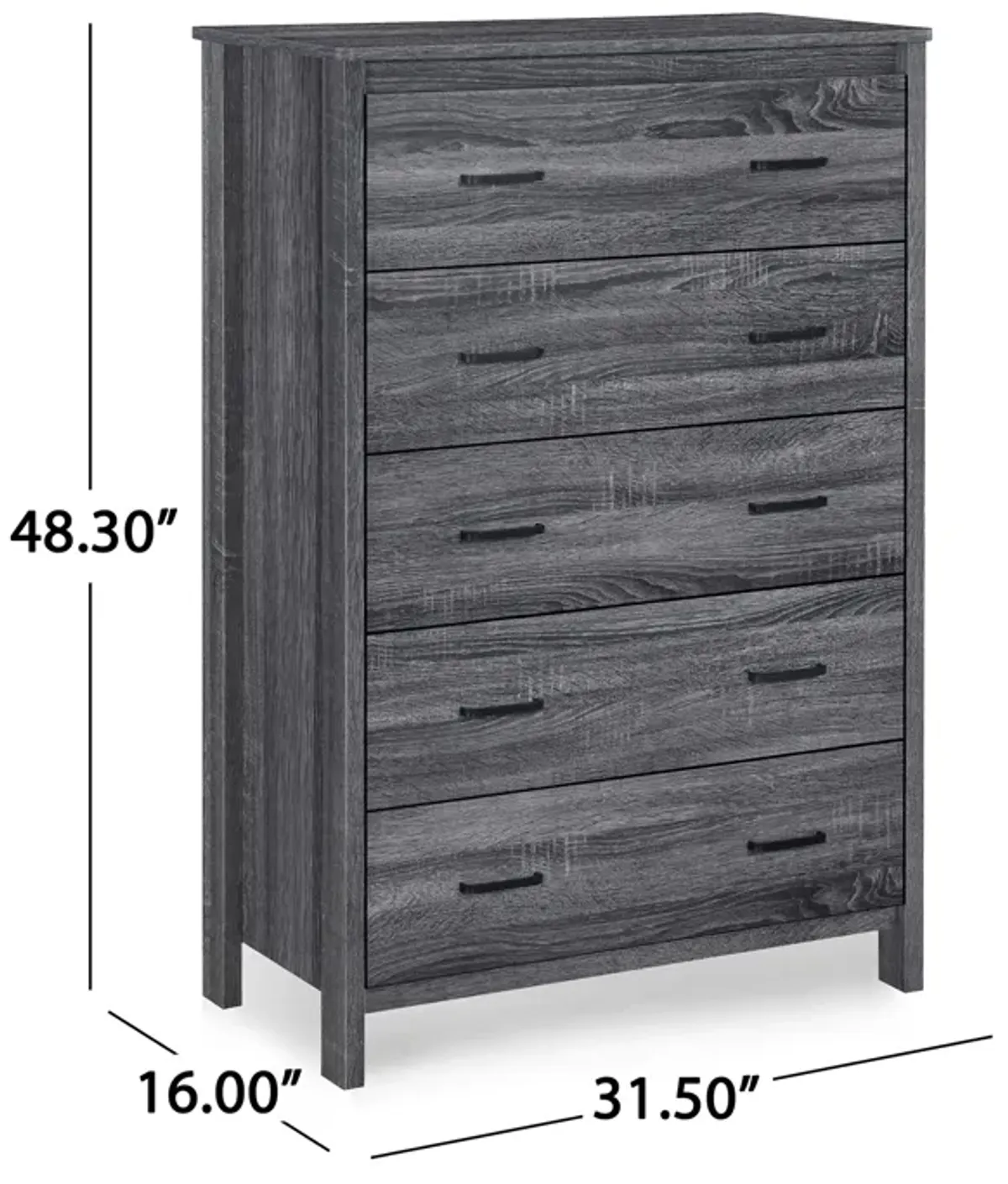 Sifa Tall Dresser Chest, 5 Drawers, Rustic Gray MDF, Black Handles - Benzara