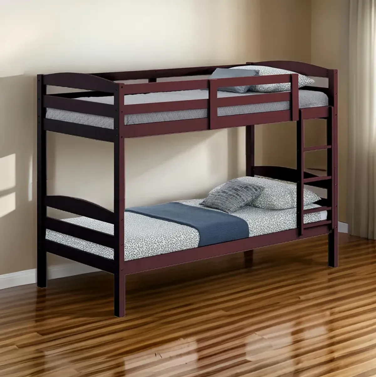 Sifa Twin Bunk Bed, Convenient Ladder, Arch Slat Design, Espresso Brown