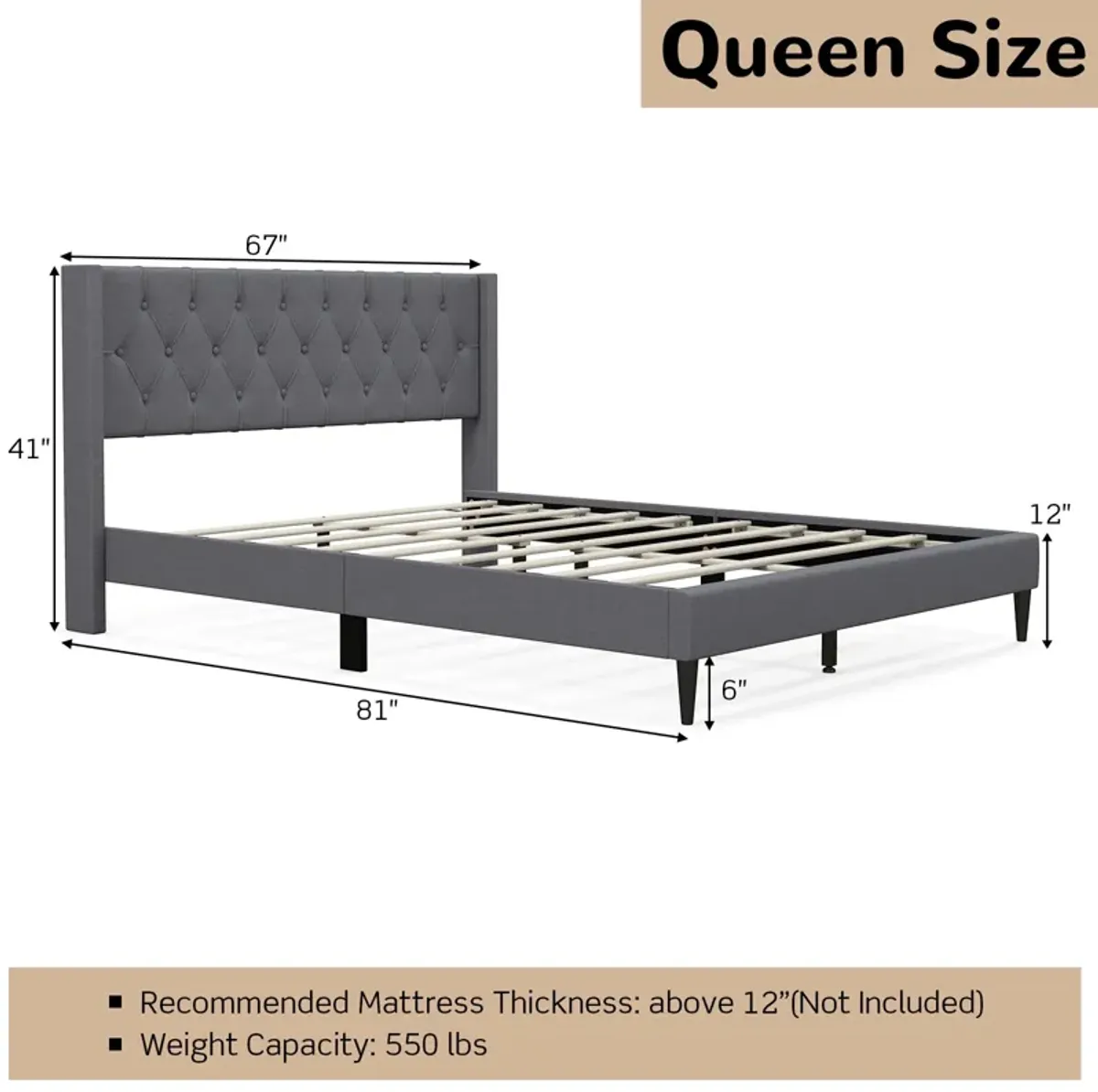 Queen Size Upholstered Platform Bed with Button Tufted Wingback Headboard