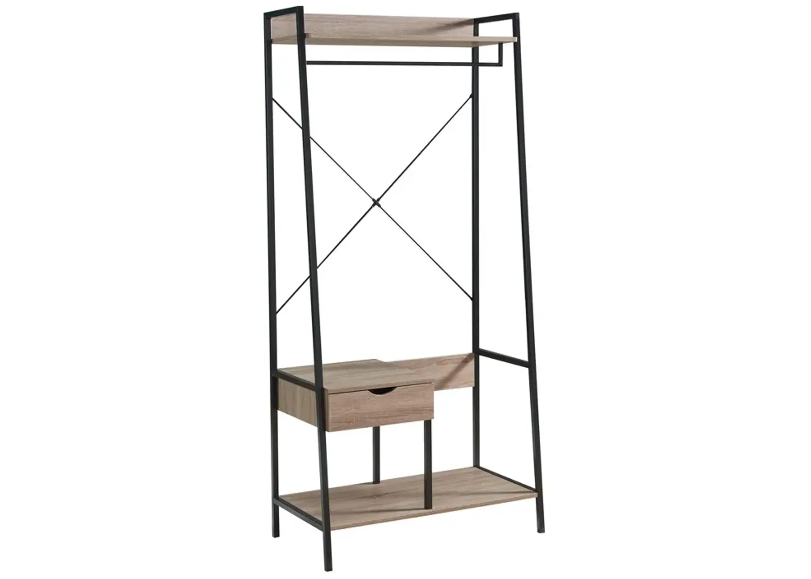 Bery 71 Inch Clothing Rack, 1 Drawer, Hanging Rod, Open Shelf, Taupe, Black - Benzara