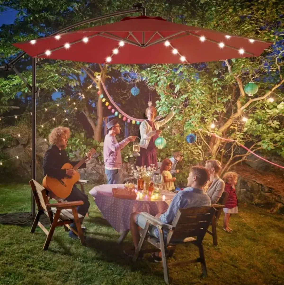 Hivvago 10 Feet Patio Umbrella with Crank and Solar LED Lights