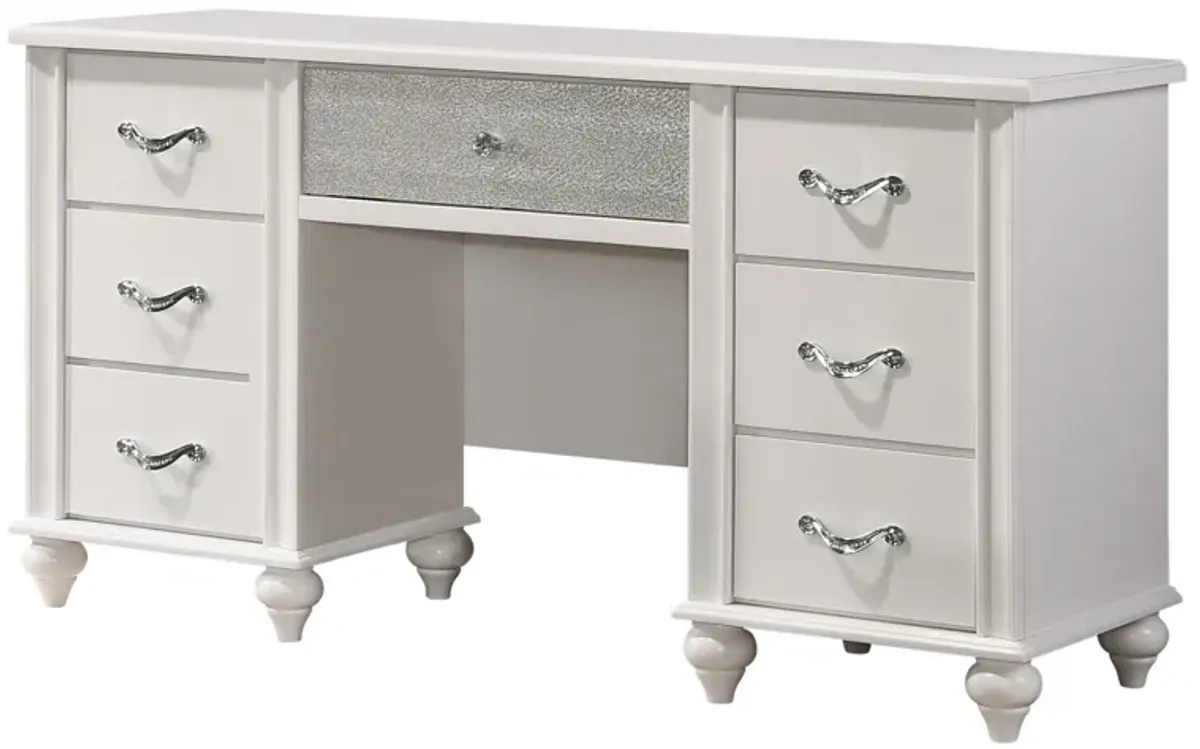 Dini 62 Inch 7 Drawer Vanity Desk with LED Lighted Mirror, Classic White - Benzara