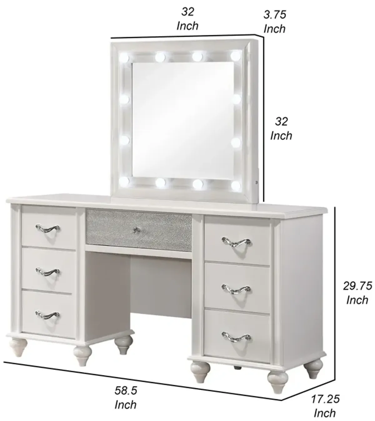 Dini 62 Inch 7 Drawer Vanity Desk with LED Lighted Mirror, Classic White - Benzara