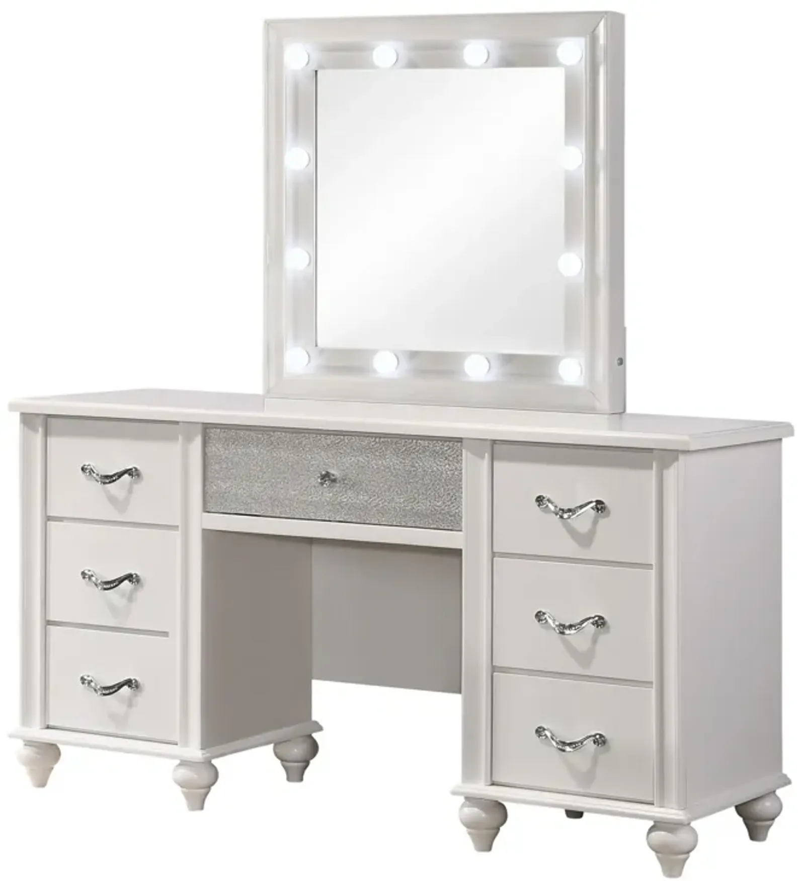 Dini 62 Inch 7 Drawer Vanity Desk with LED Lighted Mirror, Classic White - Benzara