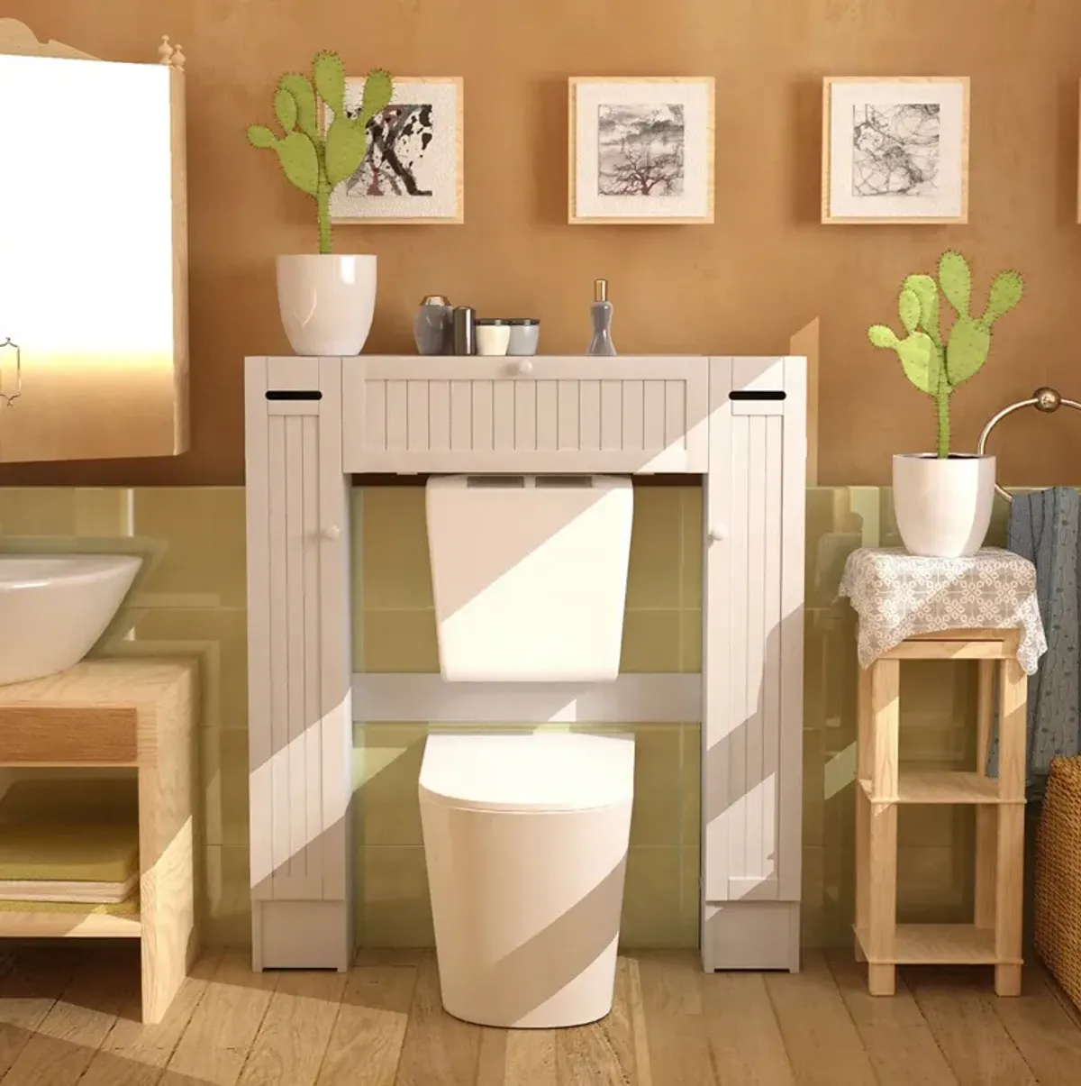 Costway Over the Toilet Storage Wooden Cabinet Drop Door Spacesaver Bathroom White