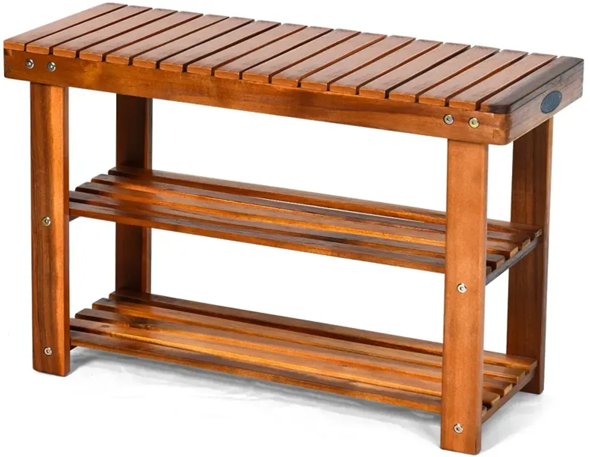 Freestanding Wood Bench with 3-Tier Storage Shelves