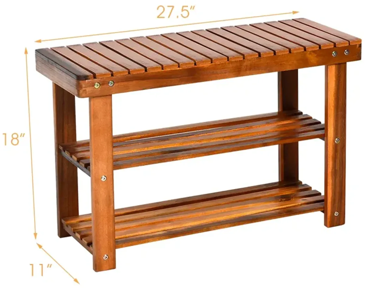 Freestanding Wood Bench with 3-Tier Storage Shelves