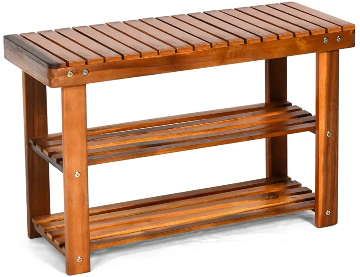 Freestanding Wood Bench with 3-Tier Storage Shelves