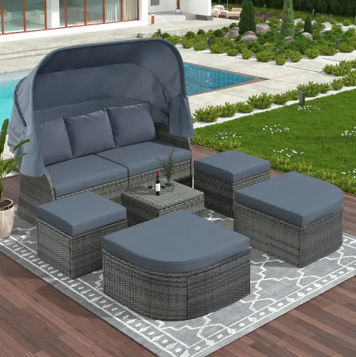 Merax Outdoor Patio Furniture Set Daybed Sunbed with Retractable Canopy Conversation Set Wicker Furniture