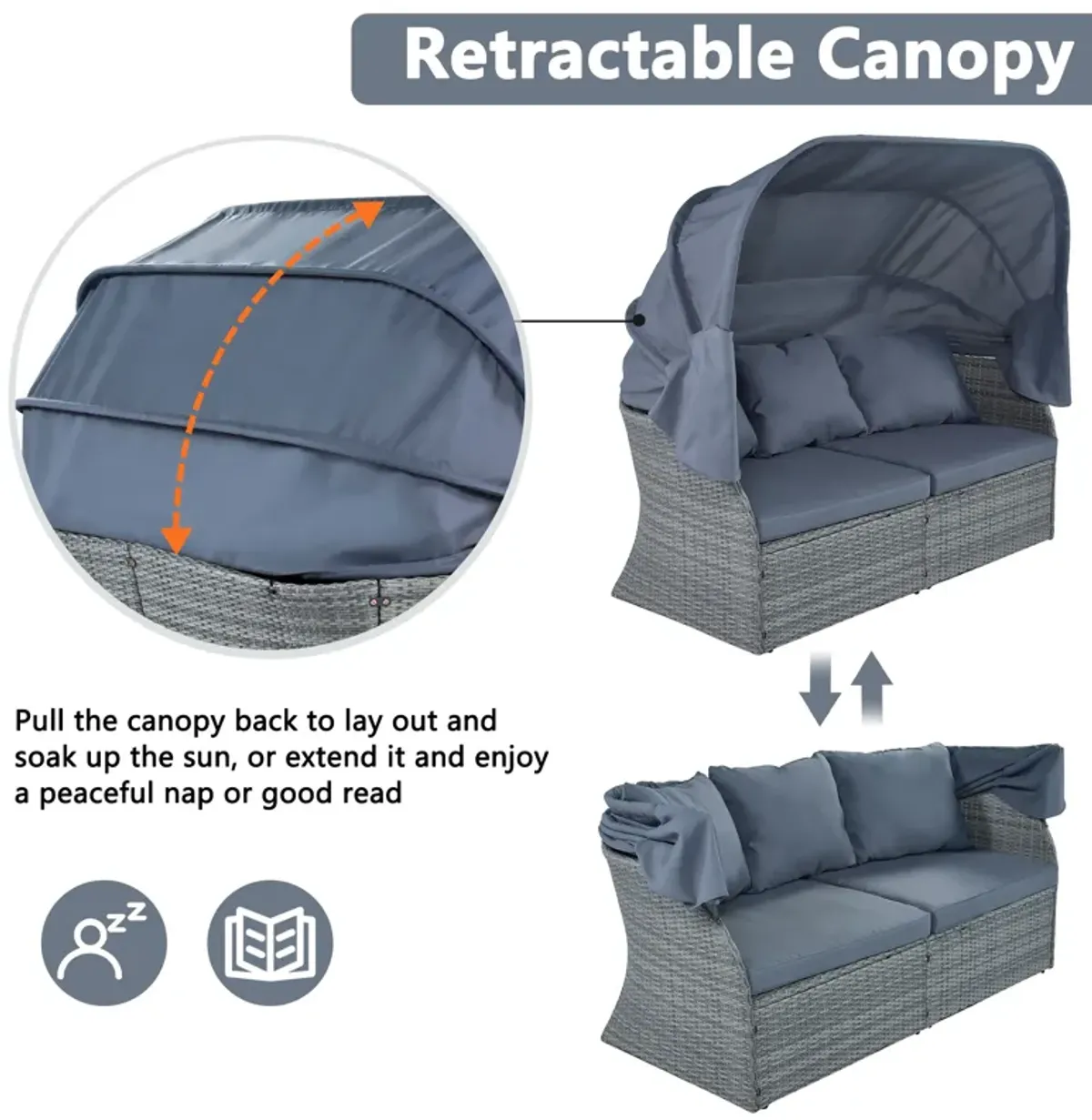 Merax Outdoor Patio Furniture Set Daybed Sunbed with Retractable Canopy Conversation Set Wicker Furniture