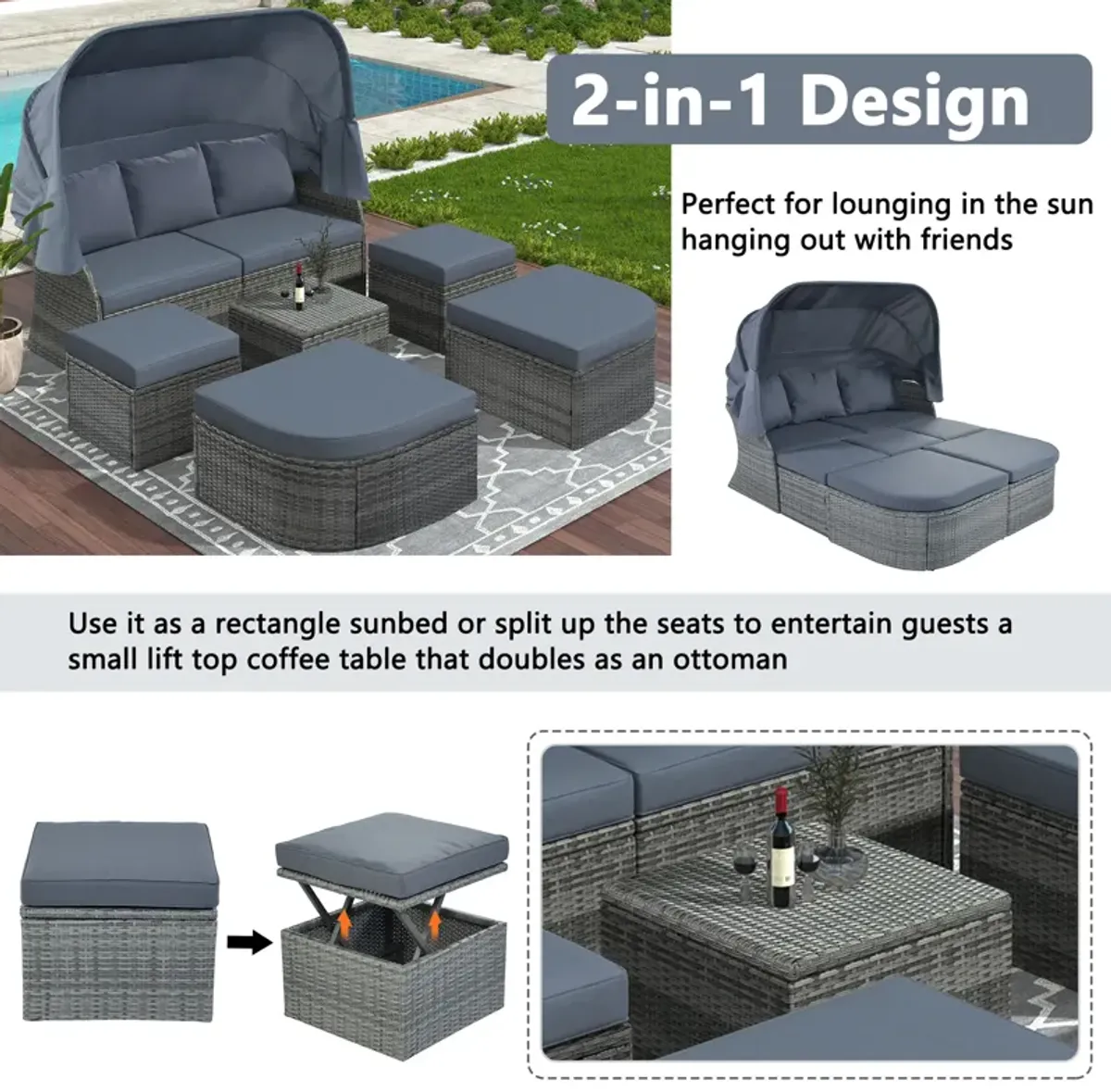 Merax Outdoor Patio Furniture Set Daybed Sunbed with Retractable Canopy Conversation Set Wicker Furniture