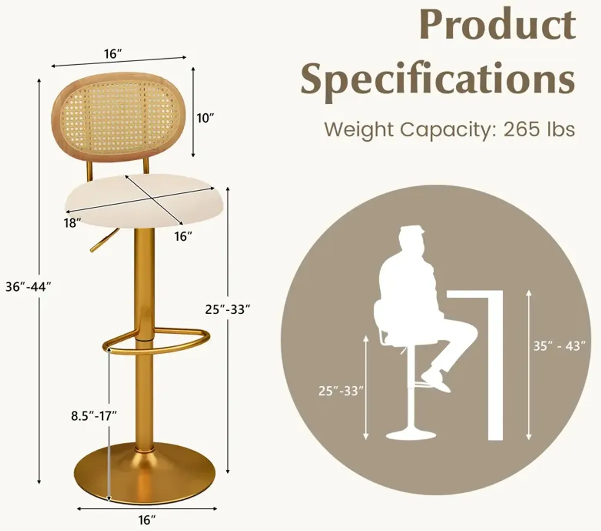 2 Pieces Bar Chairs with PE Rattan Backrest-360�Swivel and Height Adjustable