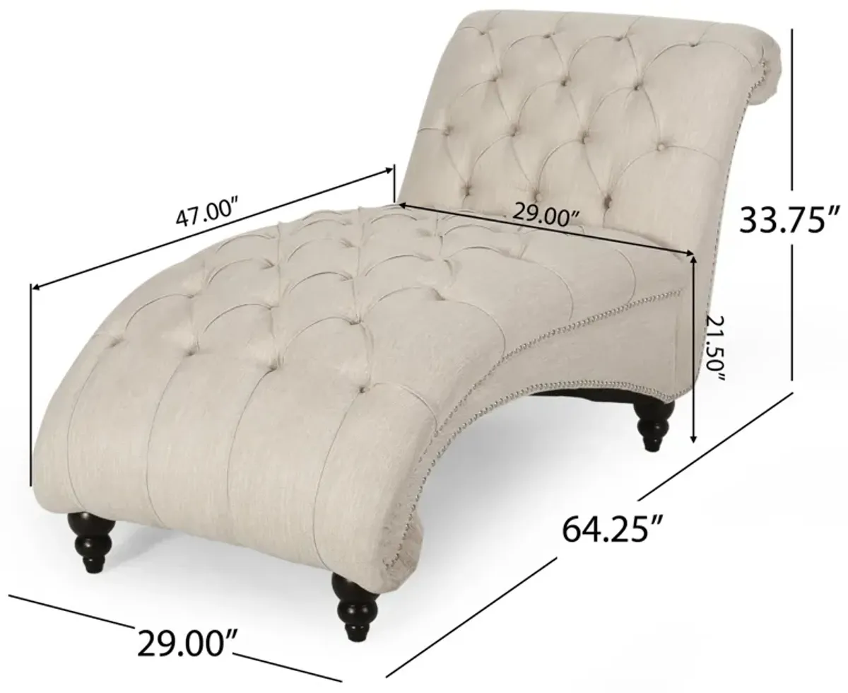 Curb Chaise Lounger, 64 Inch, Button Tufted Diamond Stitch, Beige Fabric