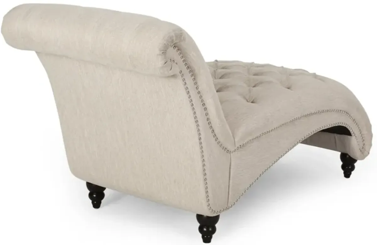 Curb Chaise Lounger, 64 Inch, Button Tufted Diamond Stitch, Beige Fabric