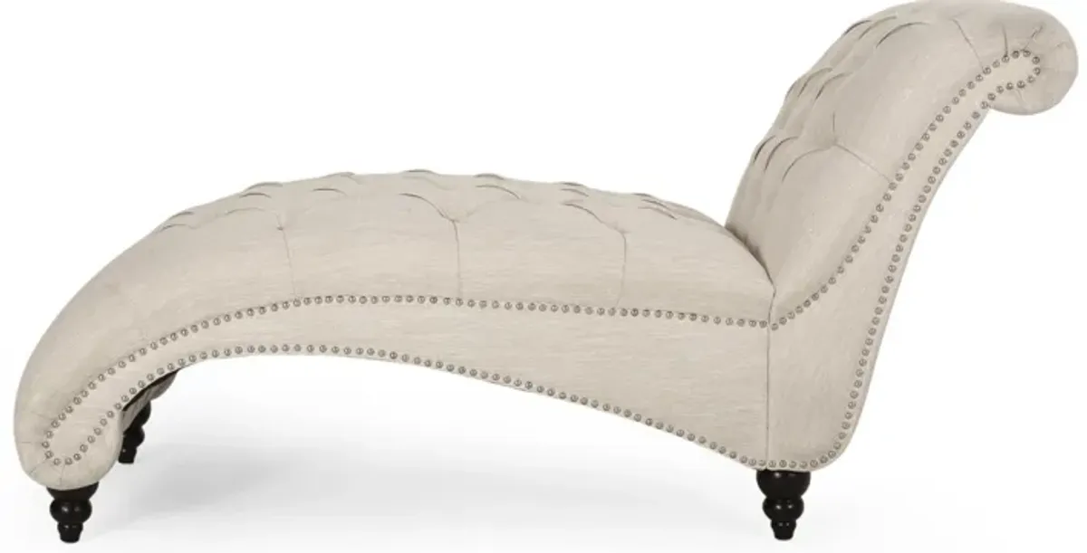 Curb Chaise Lounger, 64 Inch, Button Tufted Diamond Stitch, Beige Fabric