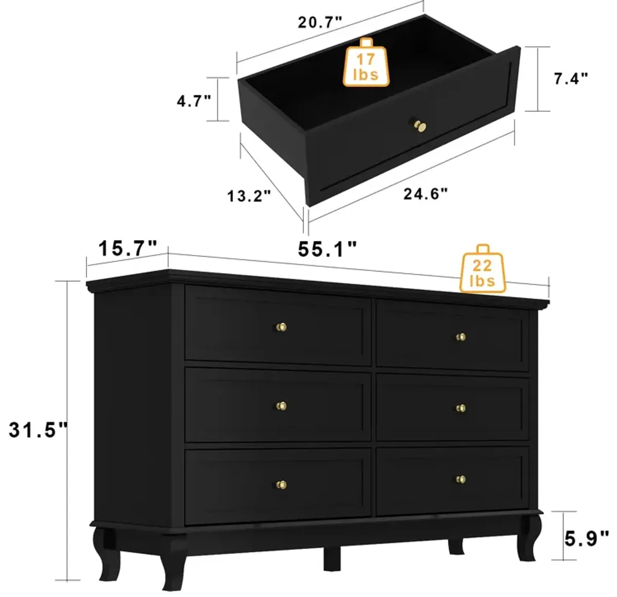 6 Drawer Double Dresser for Bedroom, Traditional Dresser Chest with Wide Drawers and Metal Handles, Wood Storage Chest of Drawers for Closet Living Room, (55.1" W x 15.7" D x 31.5" H)