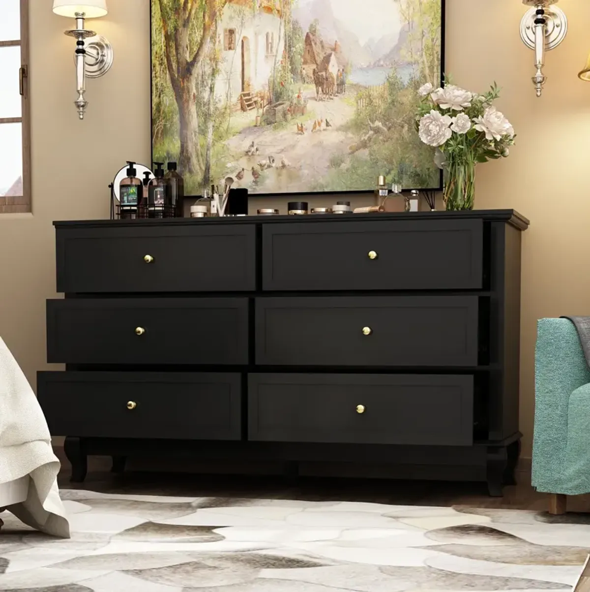 6 Drawer Double Dresser for Bedroom, Traditional Dresser Chest with Wide Drawers and Metal Handles, Wood Storage Chest of Drawers for Closet Living Room, (55.1" W x 15.7" D x 31.5" H)