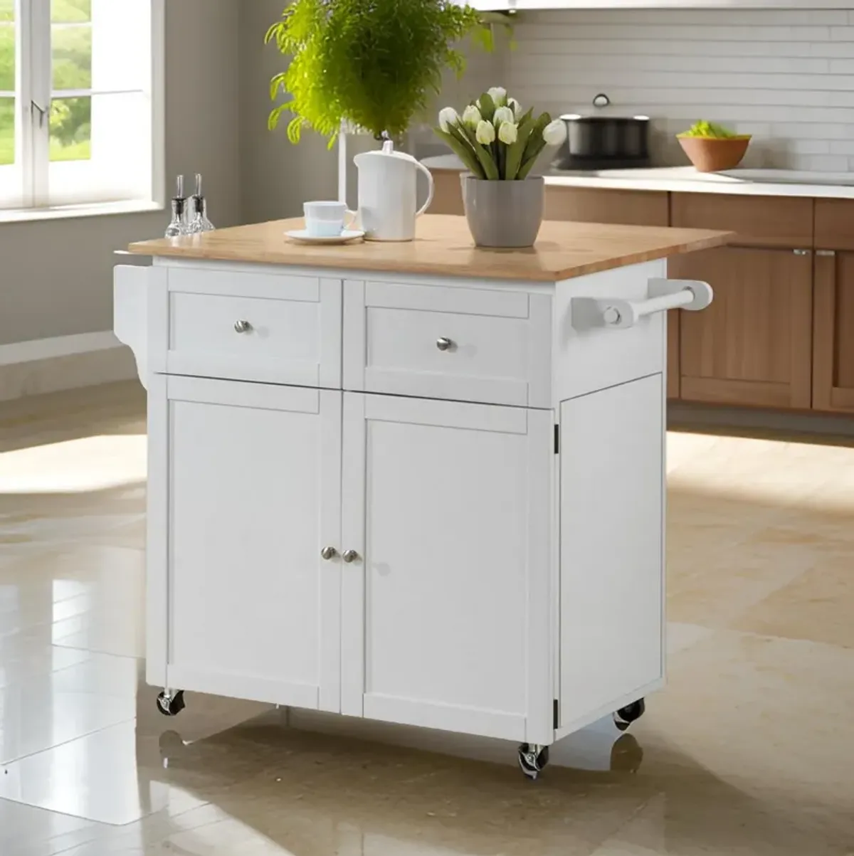 Modern Dual Tone Wooden Kitchen Cart with Spacious Storage, Brown And White - Benzara